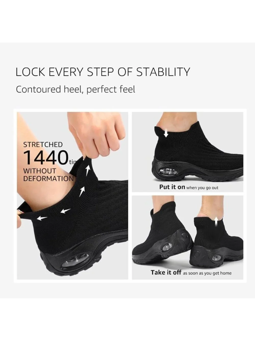 Women's Black Lug Walking Arch Support Non Slip Breathable Upper Sneaker Shoes